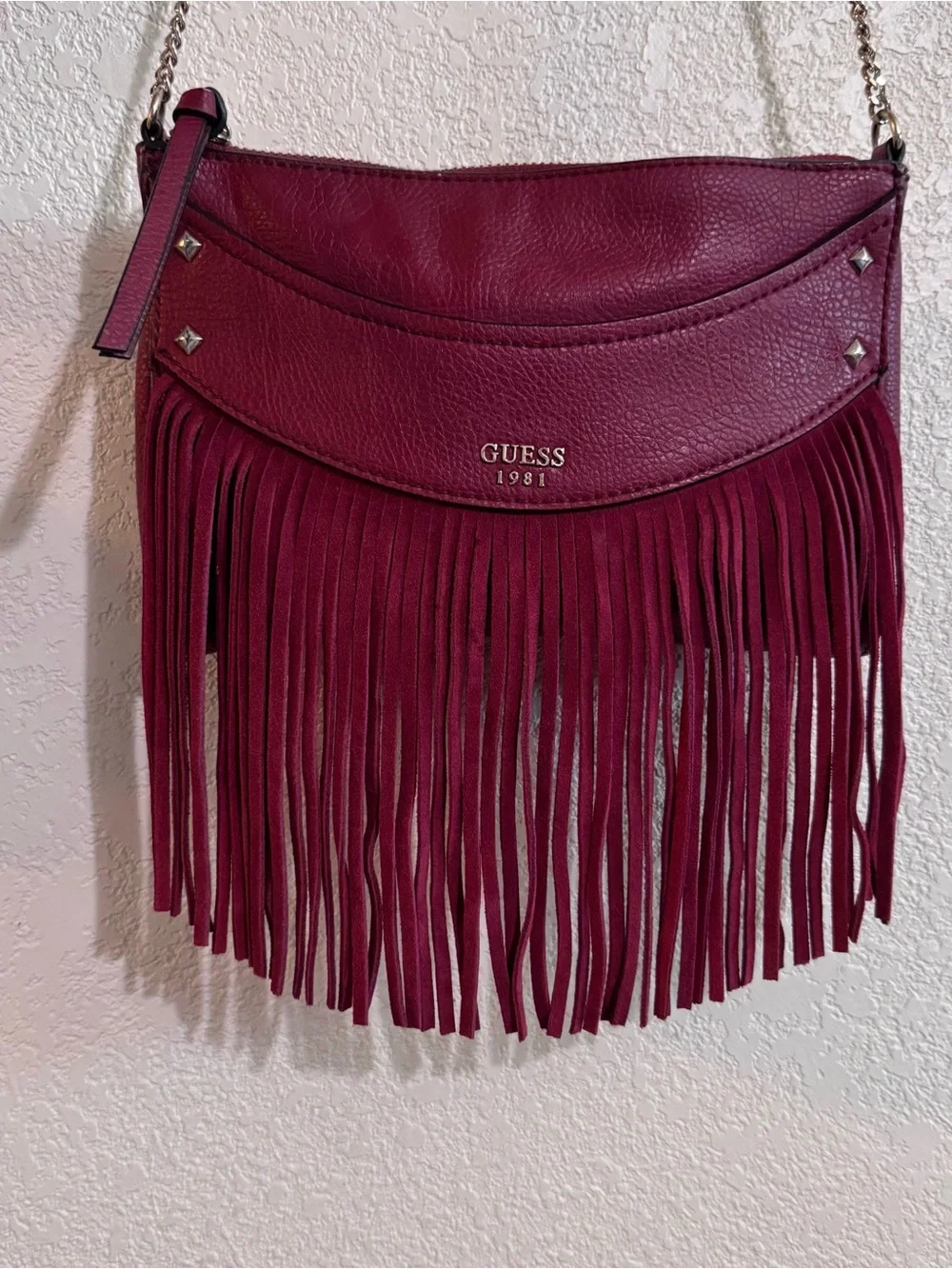 GUESS deep red,genuine cow leather Fringe Crossbody Bag,festival,western,NWOT